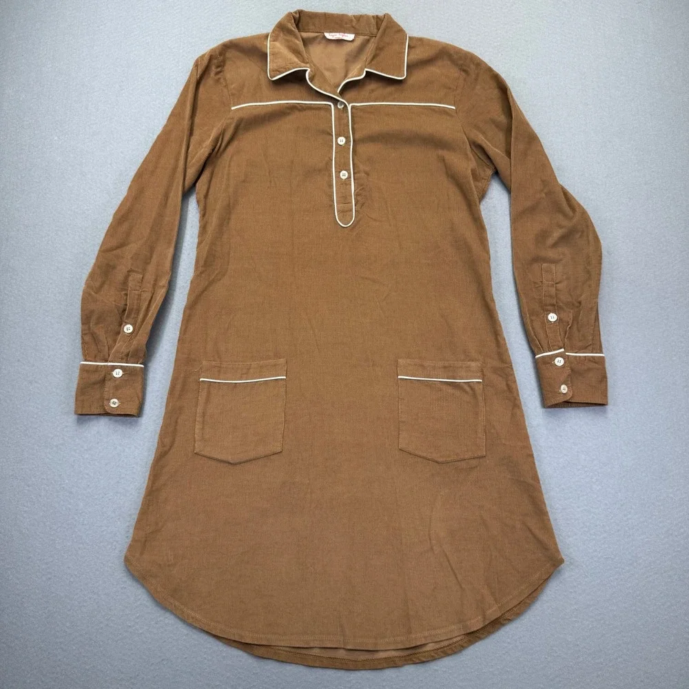 Kayce Hughes Womens Brown Corduroy Shift Dress Size 4 Long Sleeve White‎ Piping